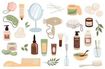 Bathroom items mega set graphic elements in flat design. Bundle of creams, mirror, cotton buds, cosmetics, sleep mask, lotion, hair dryer, massage brush, other. Illustration isolated objects