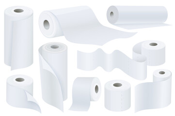 Toilet paper mega set graphic elements in flat design. Bundle of white paper rolls mockups with wave tape of hygienic wipes, kitchen towels or washroom accessory. Illustration isolated objects