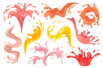 Fototapeta premium Liquid splashes with drops mega set graphic elements in flat design. Bundle of colorful liquid falling and flowing, juicy or milk beverage streaming with sprays. Illustration isolated objects