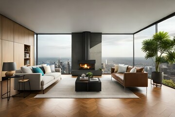 Fototapeta na wymiar A sleek modern living room with large windows overlooking the city, featuring an elegant black fireplace and comfortable sofas in neutral tones. 
