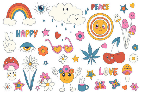 Groovy hippie 70s mega set graphic elements in flat design. Bundle of peace, love, happy, rainbow, psychedelic mushrooms, flowers, leaves, butterflies and other. Illustration isolated objects