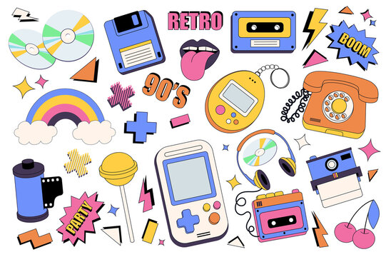 90s retro style mega set graphic elements in flat design. Bundle of music discs, floppy disk, mouth with tongue, cassette, toys and devices, rainbow, candy, other. Illustration isolated objects
