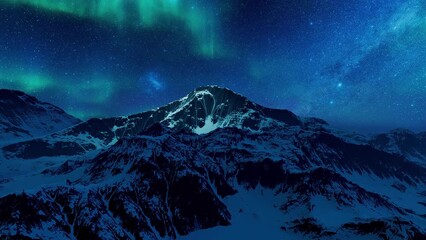 Northern lights over high mountains covered with snow. Animation on the theme of nature and climate, landscapes and territories. - Powered by Adobe