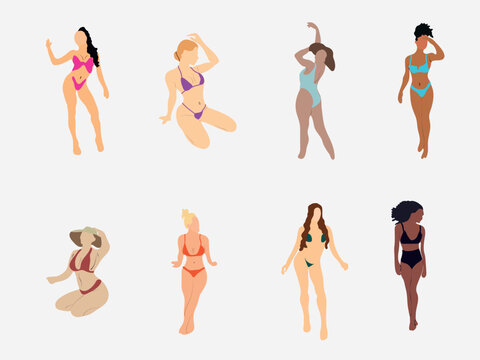 Women in swimwear collection. Vector illustration of diverse young cartoon women without faces sits in various poses and swim suits