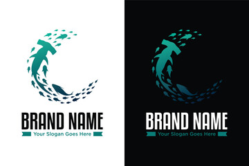 logotype of hammerhead shark and tuna ocean animal illustration logo design - obrazy, fototapety, plakaty
