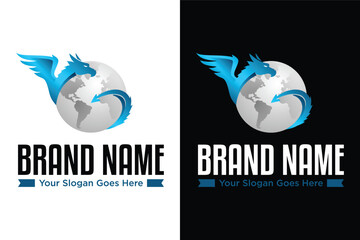 modern dragon with globe illustration logo design