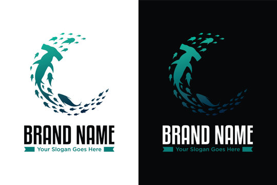 logotype of hammerhead shark and tuna ocean animal illustration logo design