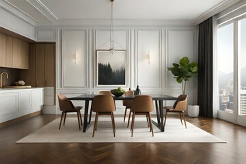 Modern dining room with white walls, herringbone wood floor and black table in the center of which there is an elegant wooden armchair surrounded by brown chairs. 