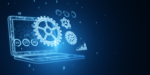 Creative laptop with glowing cogwheel on screen. Blurry wide blue backdrop. Adjusting app, setting options, maintenance, repair, fixing. Double exposure.