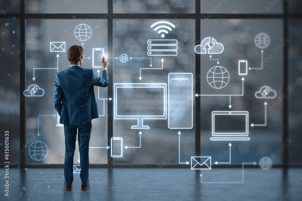 Poster Cloud technologies and cloud computing concept with man back view working with devices connected to digital storage in a data center over the Internet on virtual wall screen on window background