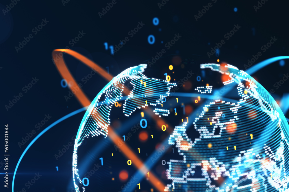 Poster Business network concept and satellite communication technology concept with digital rings around planet globe covered by world map silhouette and binary code numbers on dark background. 3D rendering