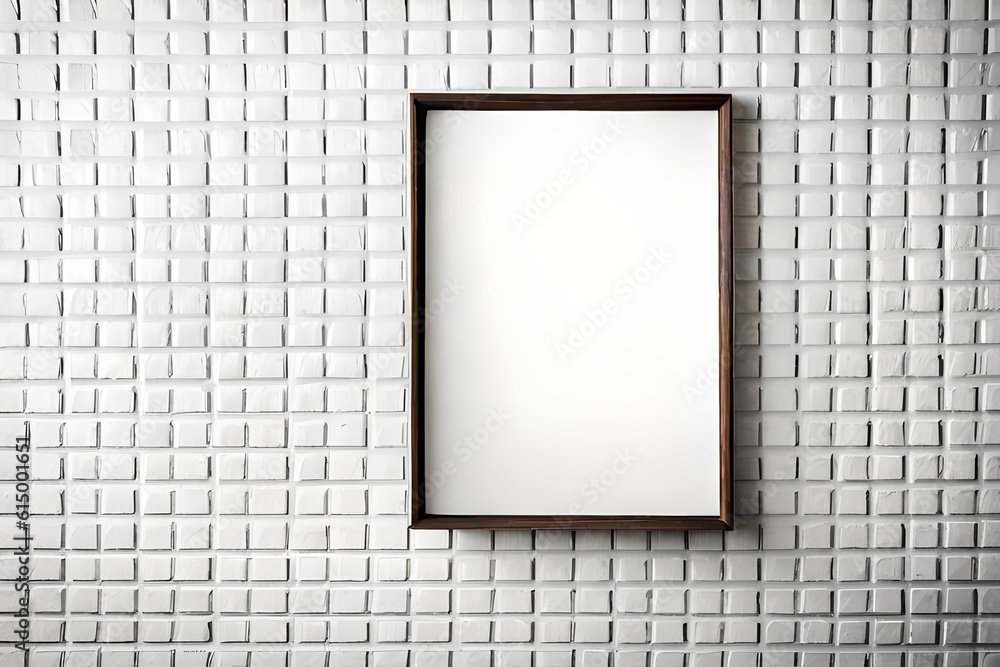 Poster an empty polaroid frame suspended from a string against a white brick wall, complemented by a minima