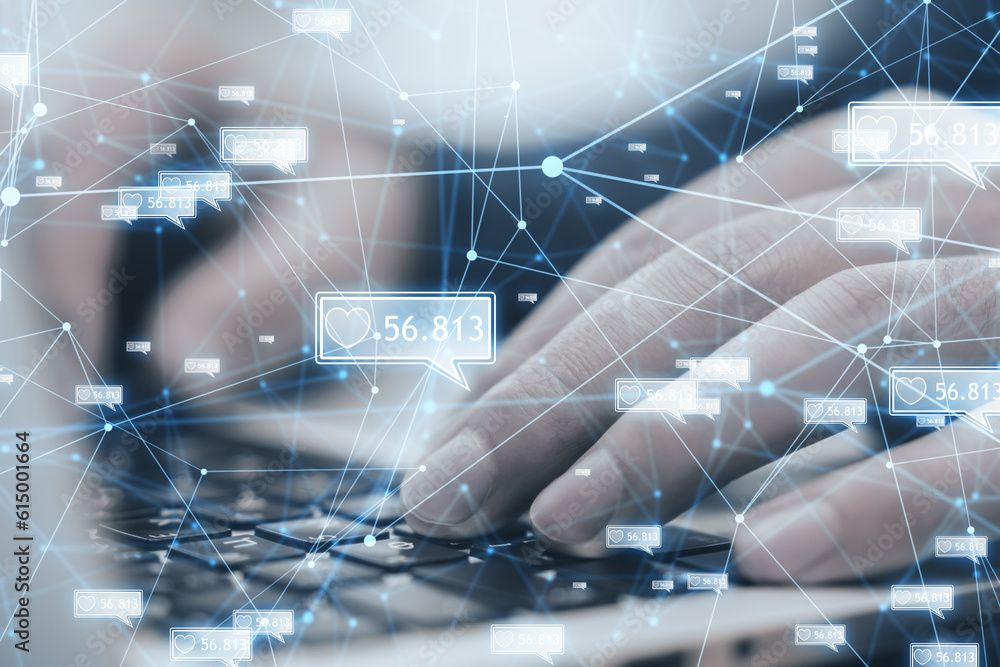 Poster Concept of network and internet communication. Close up of male hands using notebook keyboard with creative polygonal likes network on blurry background. Double exposure.
