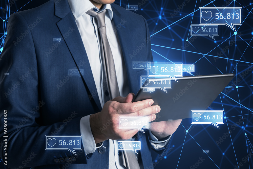 Poster Concept of network and internet communication. Close up of businessman hand using digital pad with creative polygonal likes network on blurry background. Double exposure.