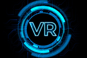 VR neon style banner on dark blue background. 3D Rendering