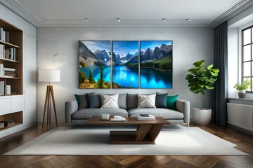  A beautiful living room with modern furniture. Three wall art frames on the white walls, each frame holding a single artwork of a lake in Canada with vibrant blue water, towering mountains.