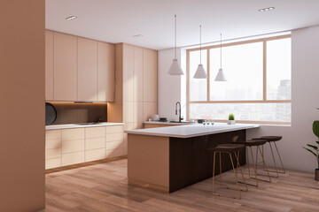Fototapeta na wymiar Perspective view of spacious empty modern kitchen interior with wooden floor and beige and white walls. 3D Rendering