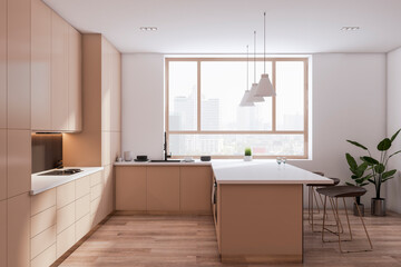 Side view of spacious empty modern kitchen interior with wooden floor and beige and white walls. 3D Rendering
