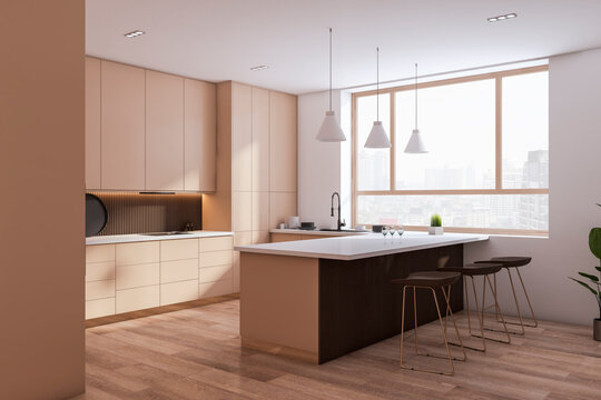 Perspective view of spacious empty modern kitchen interior with wooden floor and beige and white walls. 3D Rendering