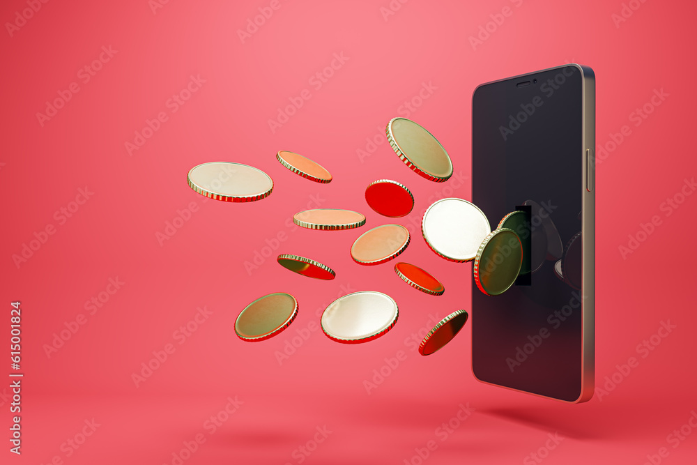 Poster financial mobile application, cashback and earning concept with golden coins returning back from dar