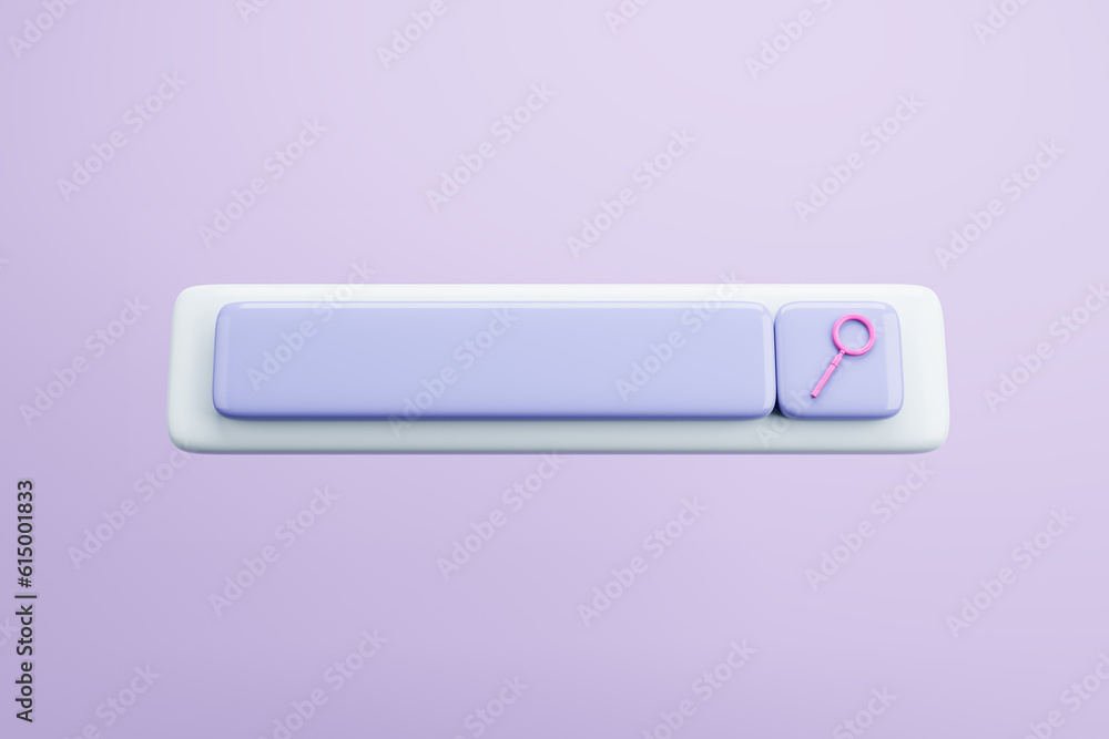 Poster Creative digital search bar with magnifier on purple backdrop. SEO and searching concept. 3D Rendering.
