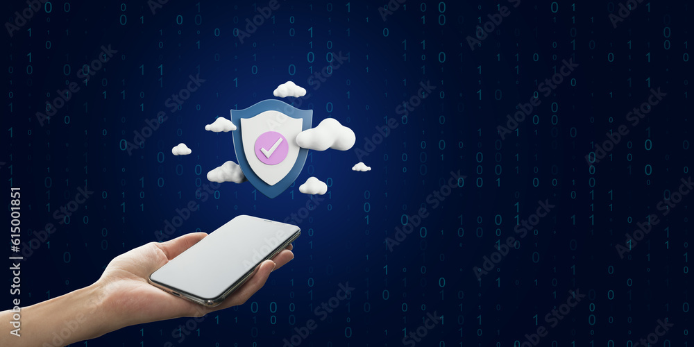 Aufkleber Close up of female hand holding mobile phone with digital shield and clouds on dark blue background with binary coding and mock up place. Secure online payment and data guard concept.