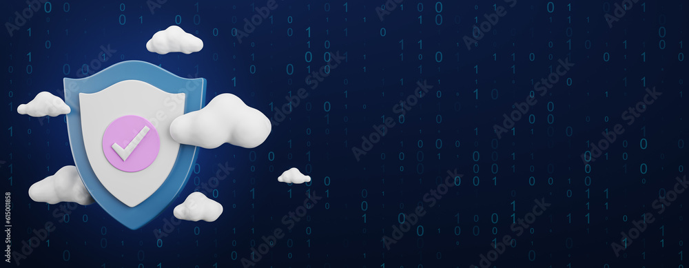 Aufkleber Digital shield with clouds on wide dark blue background with mock up place. Secure online payment and data guard concept. 3D Rendering.