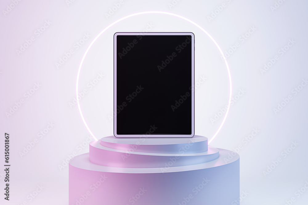 Poster front view on blank black digital tablet screen for web design or logo brand on cylindrical stand on