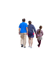 Obraz premium Famille de trois personnes vue de dos, marchant côte à côte en extérieur, un homme, une femme et une jeune fille, tenues décontractées de printemps,, ambiance conviviale et détendue