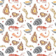 Colored seafood pattern. Drawn seafood background