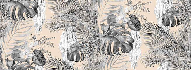 Seamless botanical pattern with black and white Jungle with watercolor leaves for textile