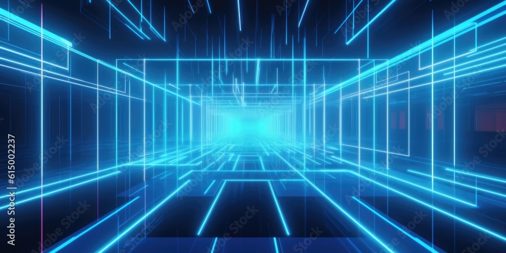 Poster blue neon lights in rectangular shapes flowing into one direction. generative ai aig21.