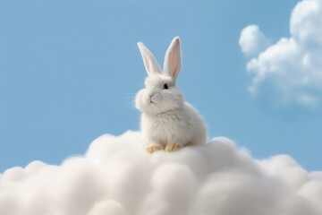 happy bunny rabbit sitting on a heavenly white cloud, made with generative ai


