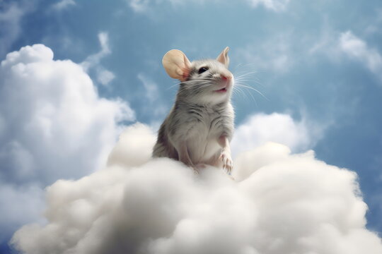 happy grey mouse sitting on a heavenly cloud, made with generative ai

