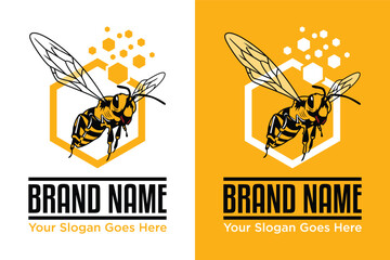 flying honey bee bumblebee hornet wasp illustration logo design - obrazy, fototapety, plakaty