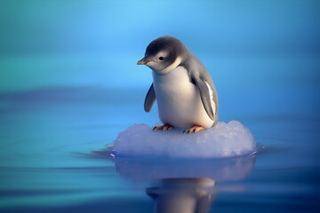 baby penguin on small iceberg from climate change, made with generative ai