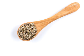 Cannabis Hemp seeds in spoon on white