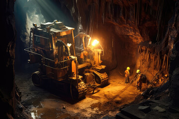 Miners Operating Heavy Machinery In An Underground Uranium Mine. Generative AI