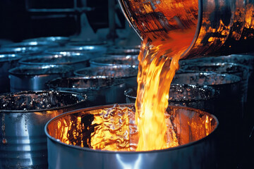 Metal Cans Being Melted Down For Reuse In Manufacturing. Generative AI - obrazy, fototapety, plakaty