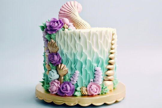Birthday Cake With Mermaids Tail On White Background. Generative AI