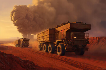 Massive Mining Trucks Hauling Iron Ore Across Vast Landscapes. Generative AI