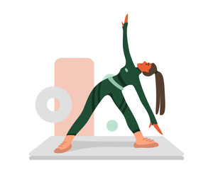 Female character doing yoga. Asana for beginners. Standing position trikonasana. Self fitness. Color vector illustration in flat style. Healthy lifestyle and high physical activity level