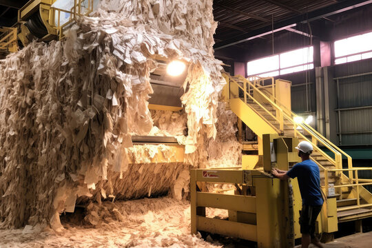 Recycled Paper Being Made Into New Sheets In Factory. Generative AI