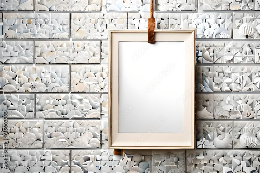Aufkleber an empty polaroid frame suspended from a string against a white brick wall, complemented by a minima