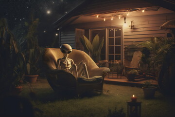Fototapeta na wymiar alien chilling on suburban backyard armchair at night, made with generative ai