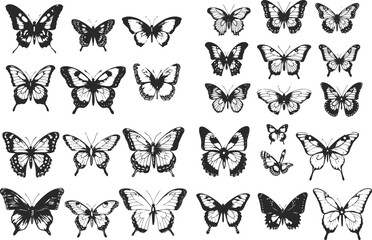 Set of butterflies, black and white design, vector illustration, SVG, great for t-shirts, mugs, birthday cards, wall stickers, stickers, iron-on, scrapbooking,