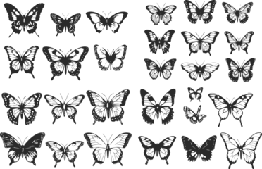 Afwasbaar Fotobehang Aquarel doodshoofd Set of butterflies, black and white design, vector illustration, SVG, great for t-shirts, mugs, birthday cards, wall stickers, stickers, iron-on, scrapbooking,