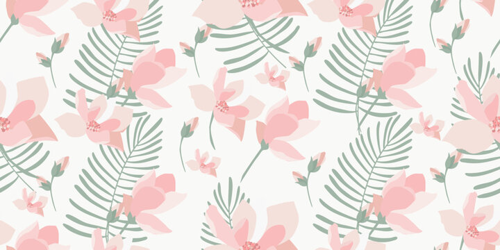 Seamless vector tropical magnolias and tropical leaves