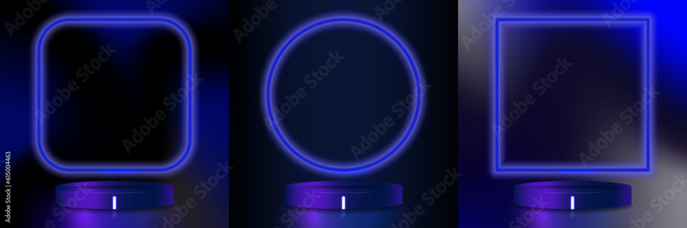 Poster Set of Neon Frame Backgrounds on 3d neon platforms with LED light and reflection. Editable Vector Illustration. EPS 10.