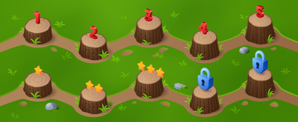 Obraz na płótnie Canvas Game level indicator to select on map ui interface cartoon design. Isometric forest with wooden stump mark, number and star. Nature forest pointer and lock place. 2d progress selection template